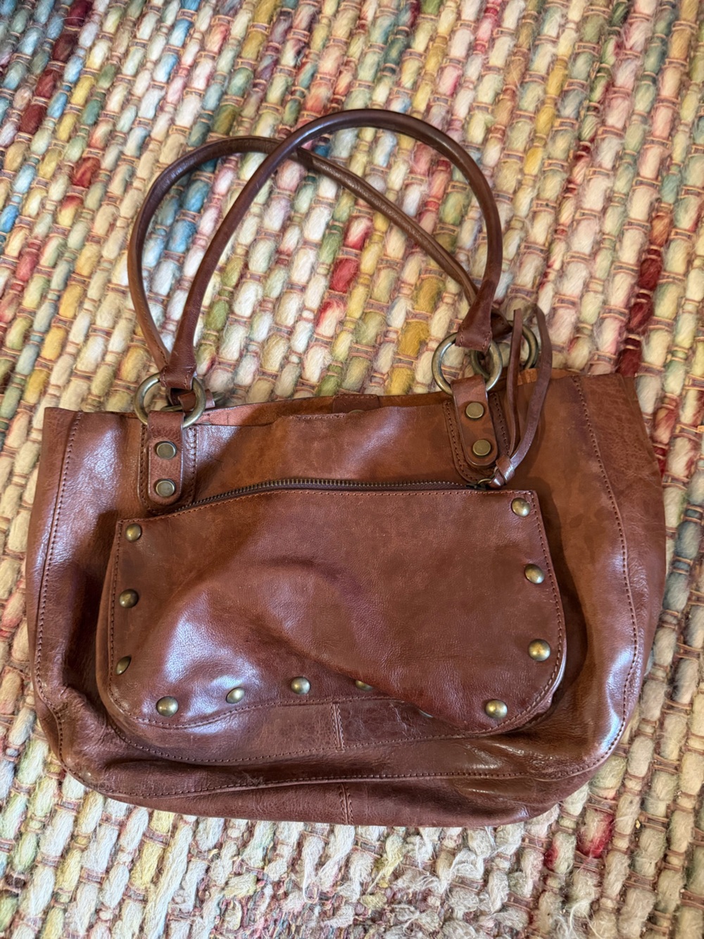 Brown Leather Shoulder Tote with Studded Front Pocket